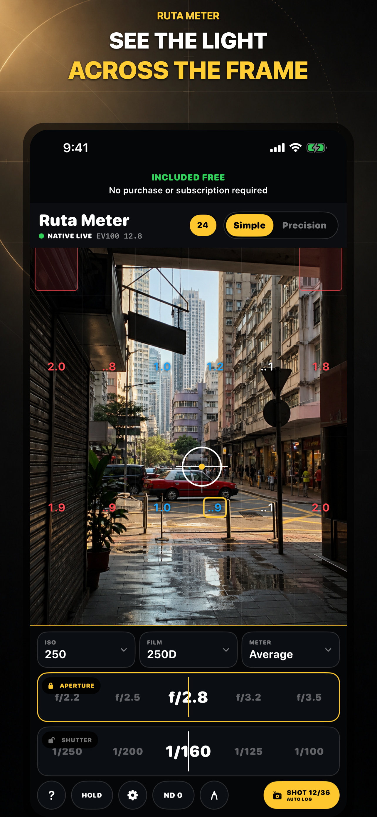 Ruta Meter showing exposure readings over a real street scene